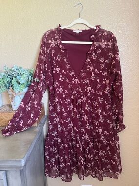 American Eagle Outfitters Burgundy Floral Long-Sleeve Dress